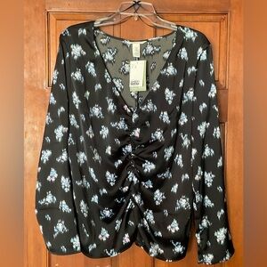 H&M Black Floral Ruched Blouse